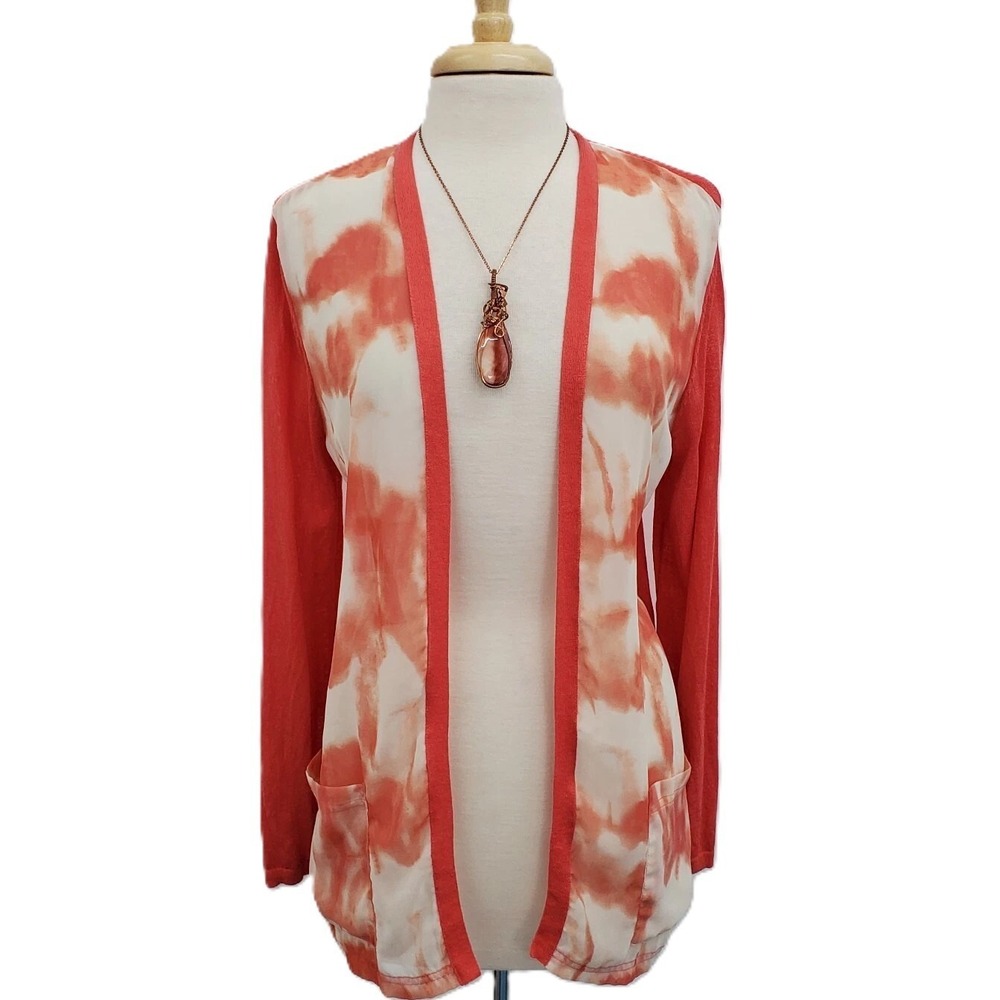 Chicos Womens‎ L Coral Tie Dye Open Front Lightweight Long Sleeve Cardigan